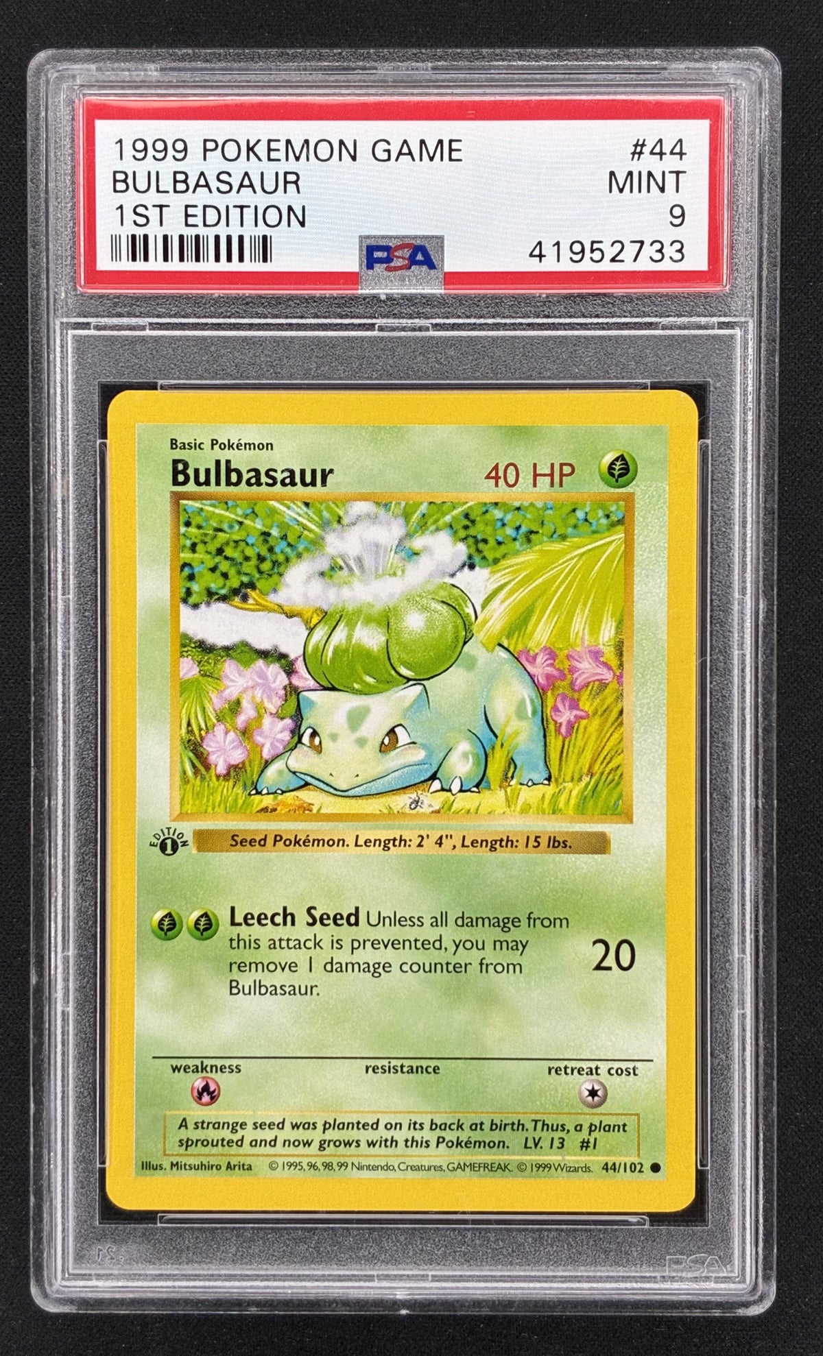 1999 Pokémon Base Set Bulbasaur 44/102 1st Edition Shadowless English trading card illustrated by Mitsuhiro Arita, professionally graded PSA 9 Mint.