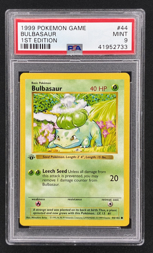 1999 Pokémon Base Set Bulbasaur 44/102 1st Edition Shadowless English trading card illustrated by Mitsuhiro Arita, professionally graded PSA 9 Mint.