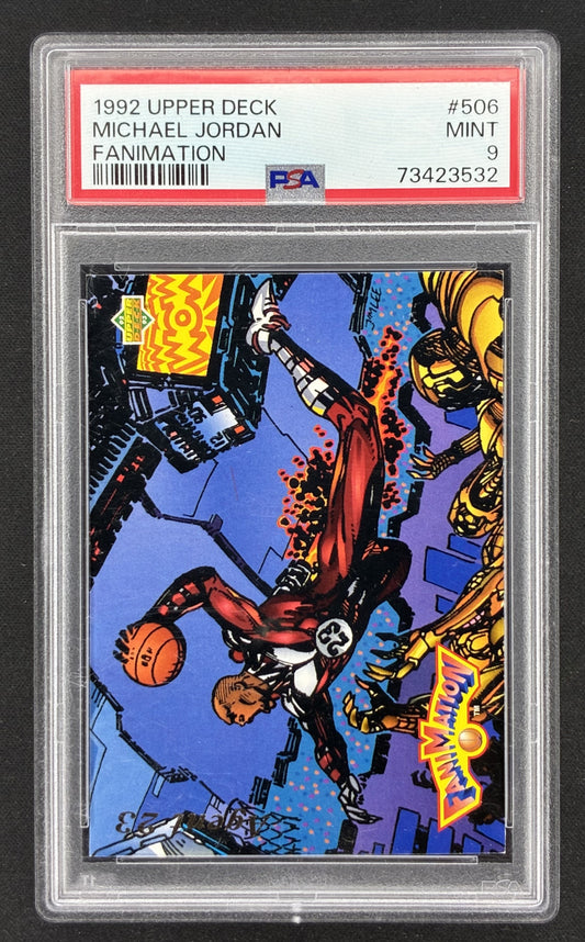 1992-93 Upper Deck Basketball Michael Jordan #506 Fanimation Chicago Bulls trading card featuring animated artwork, professionally graded PSA 9 Mint.