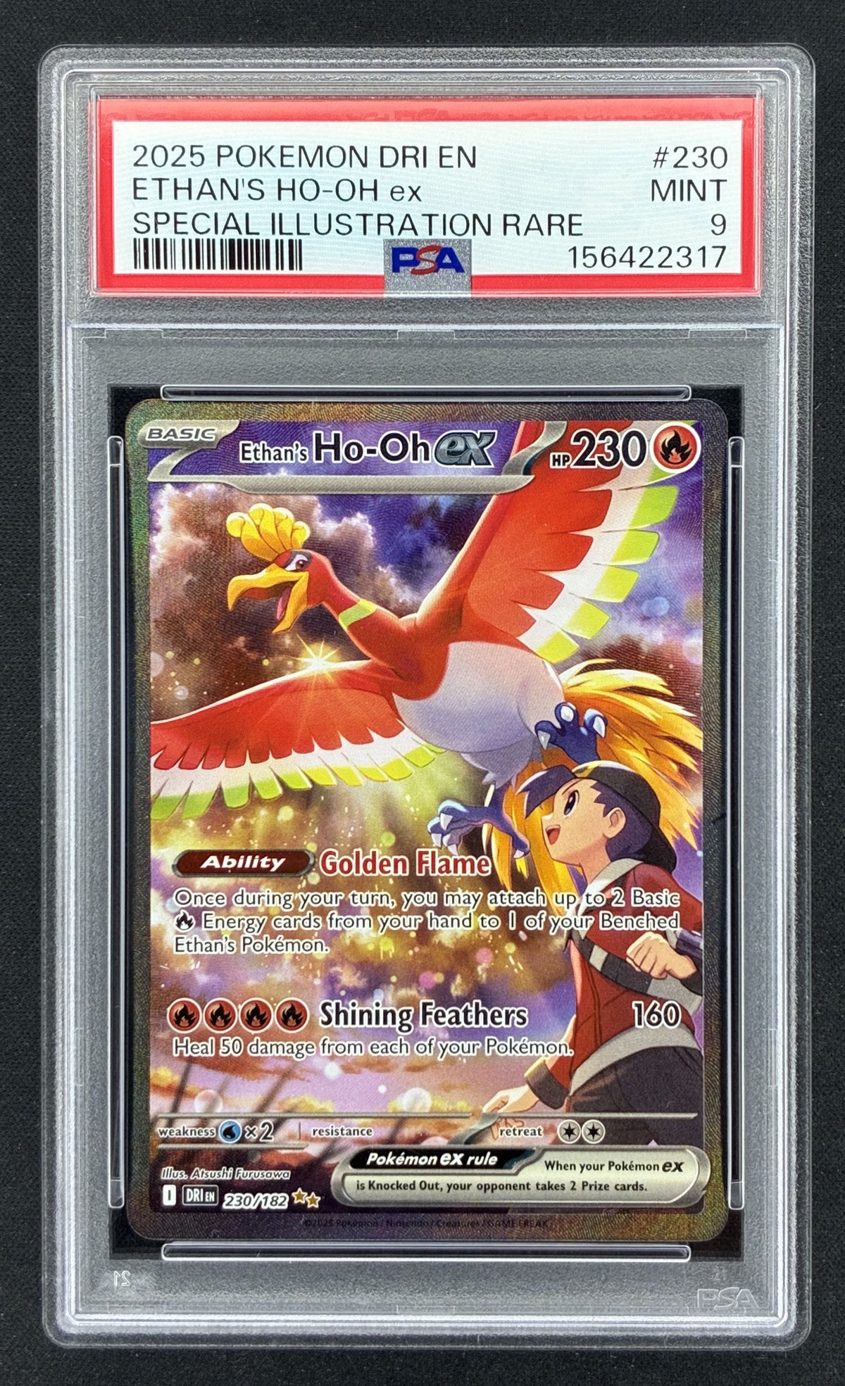 2025 Pokémon Scarlet & Violet Destined Rivals Ethan's Ho-Oh ex 230/182 Special Illustration Rare holographic English trading card graded PSA 9 Mint.