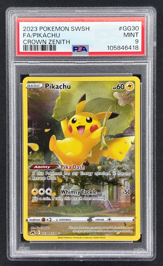 2023 Pokémon Crown Zenith Galarian Gallery Pikachu GG30/GG70 Full Art holographic English trading card professionally graded PSA 9 Mint.