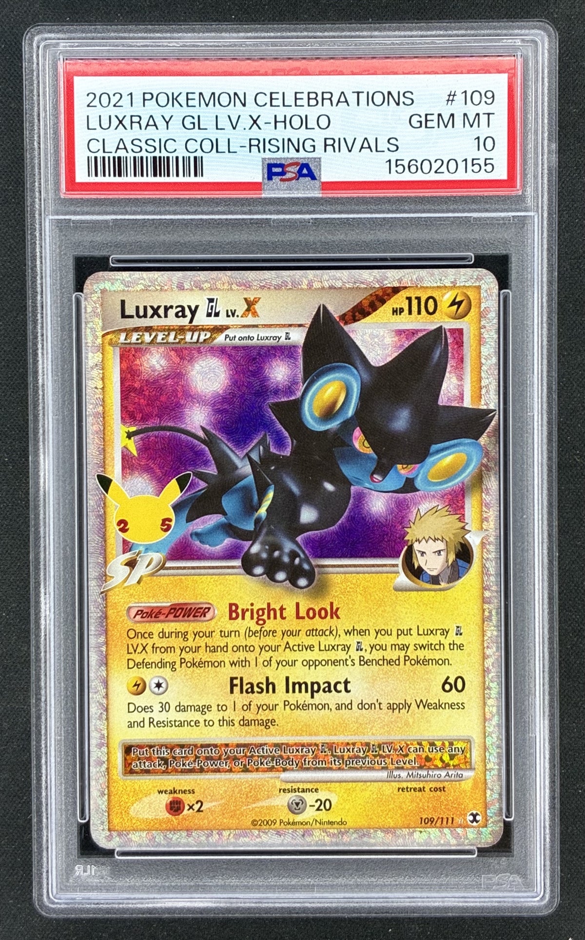 2021 Pokémon Sword & Shield Celebrations Classic Collection Luxray GL LV.X 109/111 holographic card with 25th Anniversary Pikachu stamp, graded PSA 10 Gem Mint.