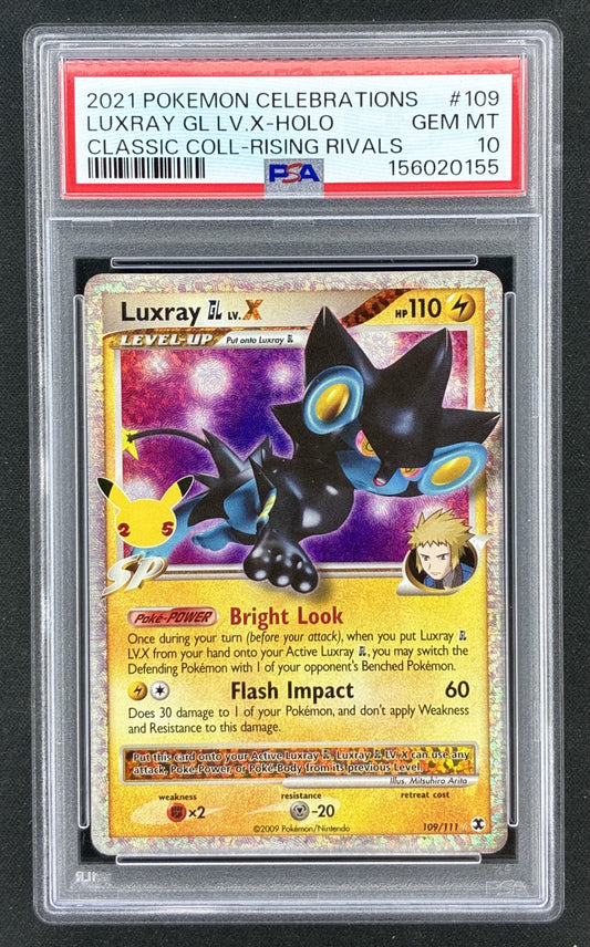 2021 Pokémon Sword & Shield Celebrations Classic Collection Luxray GL LV.X 109/111 holographic card with 25th Anniversary Pikachu stamp, graded PSA 10 Gem Mint.