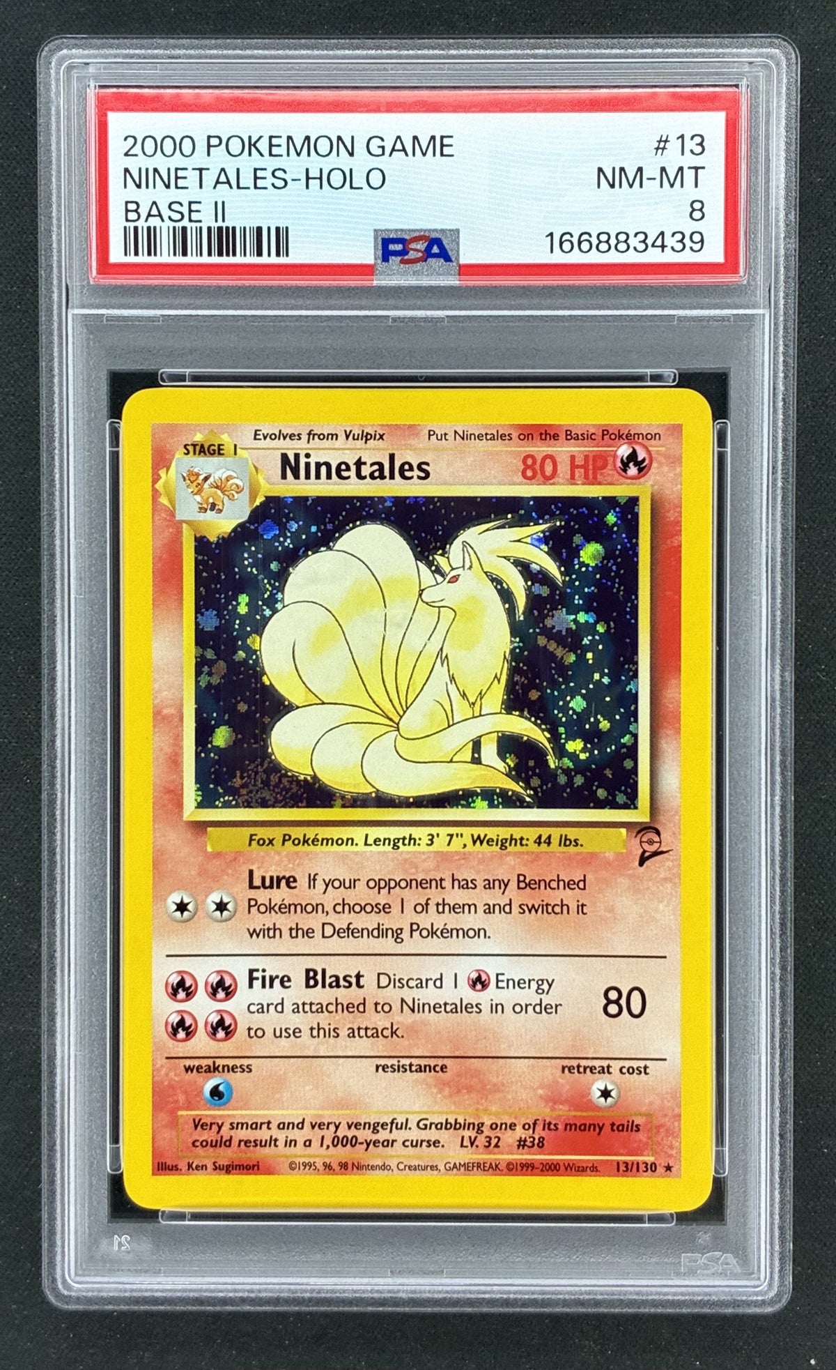 2000 Pokémon Wizards of the Coast Base Set 2 Ninetales 13/130 holographic Rare trading card illustrated by Ken Sugimori, professionally graded PSA 8 Near Mint-Mint.
