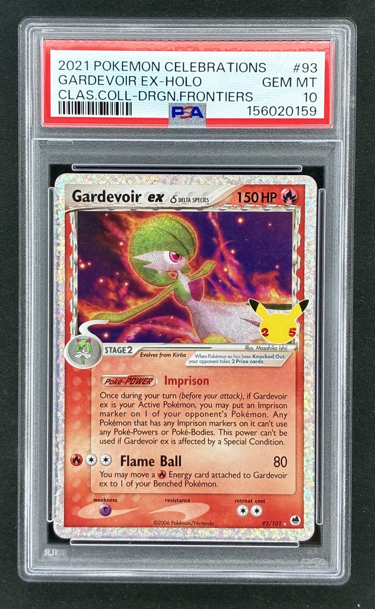 2021 Pokémon Sword & Shield Celebrations Classic Collection Gardevoir ex 93/101 Delta Species holographic card with 25th Anniversary stamp, graded PSA 10 Gem Mint.
