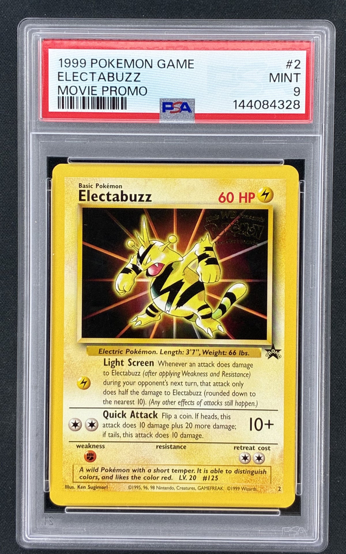 1999 Pokémon Electabuzz #2 Wizards of the Coast Black Star Movie Promo trading card from Pokémon The First Movie, professionally graded PSA 9 Mint.