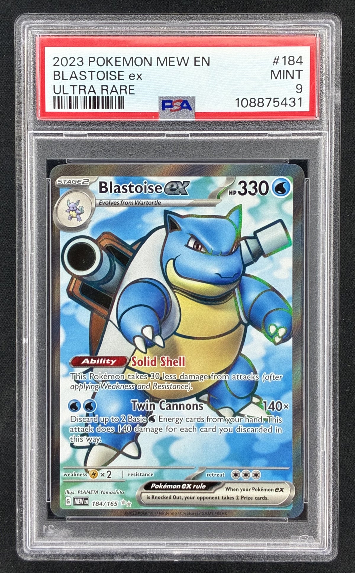 2023 Pokémon Scarlet & Violet 151 Blastoise ex 184/165 Ultra Rare textured Full Art holographic trading card professionally graded PSA 9 Mint.