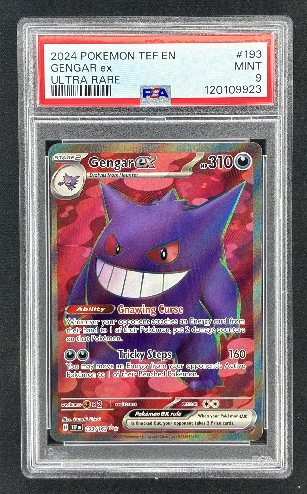 2024 Pokémon Scarlet & Violet Temporal Forces Gengar ex 193/162 Ultra Rare textured Full Art holographic trading card professionally graded PSA 9 Mint.