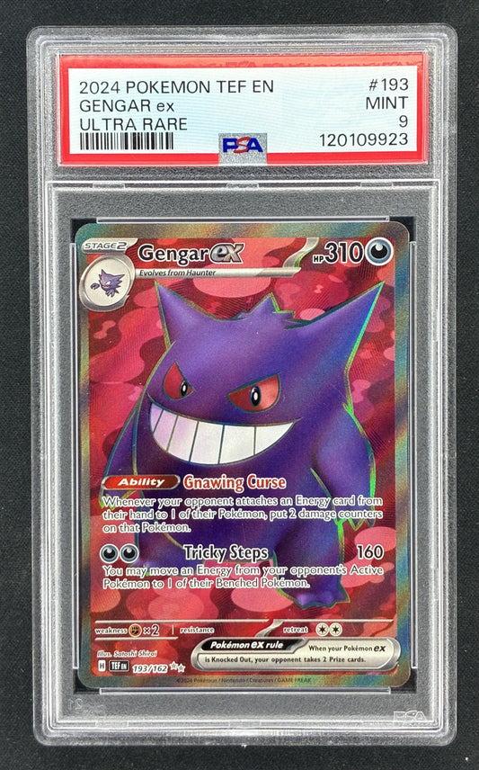 2024 Pokémon Scarlet & Violet Temporal Forces Gengar ex 193/162 Ultra Rare textured Full Art holographic trading card professionally graded PSA 9 Mint.