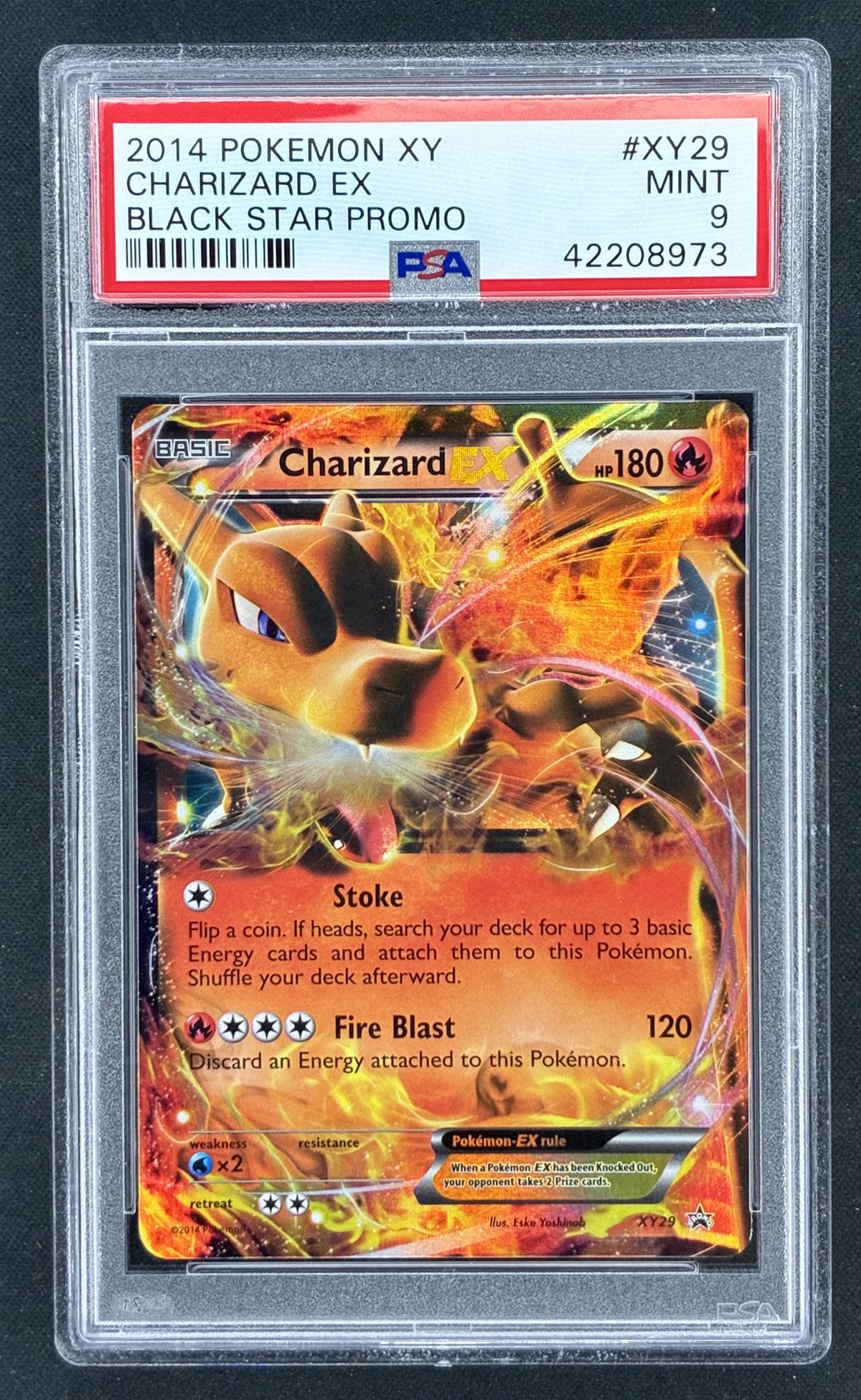 2014 Pokémon XY Black Star Promo Charizard EX XY29 holographic promotional trading card professionally graded PSA 9 Mint.