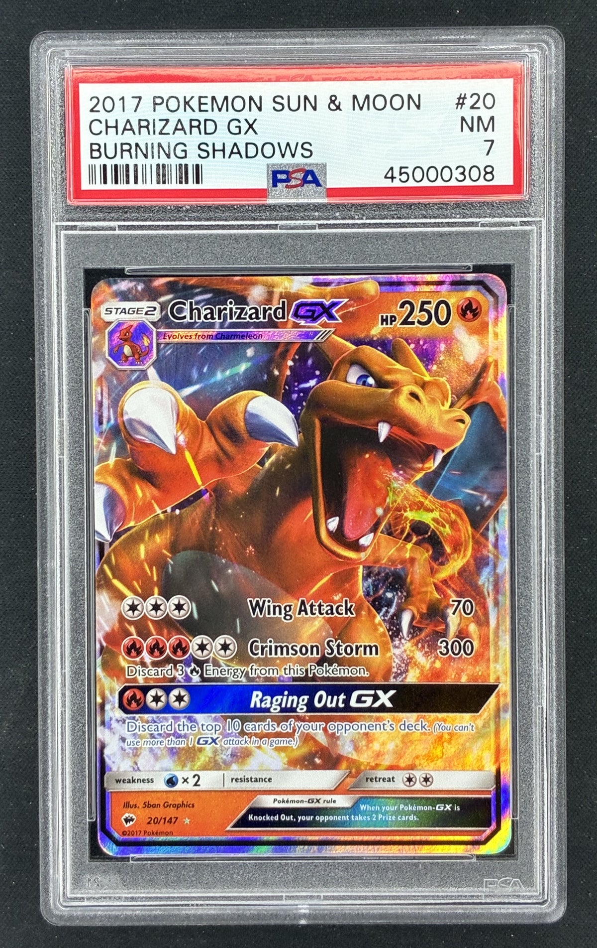 2017 Pokémon Sun & Moon Burning Shadows Charizard GX 20/147 holographic Ultra Rare trading card illustrated by 5ban Graphics, professionally graded PSA 7 Near Mint.