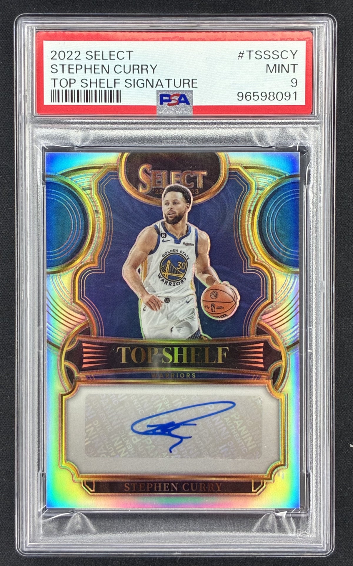 2022-23 Panini Select Basketball Stephen Curry Top Shelf Signatures Silver Prizm autograph card featuring the Golden State Warriors superstar, graded PSA 9 Mint.