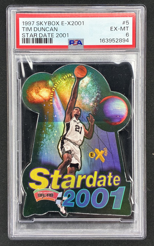 1997-98 SkyBox E-X2001 Star Date 2001 Tim Duncan #5 rookie-year basketball insert featuring the San Antonio Spurs legend, professionally graded PSA 6 EX-MT.