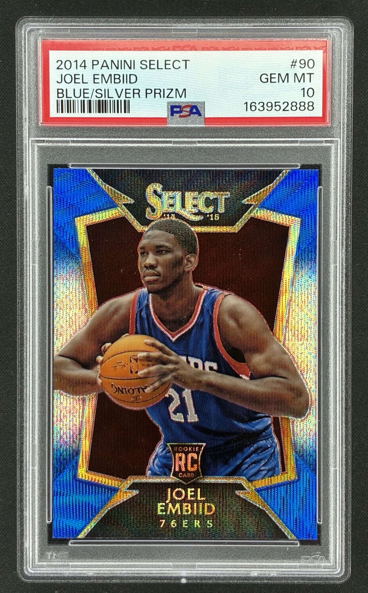 2014-15 Panini Select Basketball Joel Embiid #90 Blue/Silver Prizm rookie card featuring the Philadelphia 76ers superstar, professionally graded PSA 10 Gem Mint.