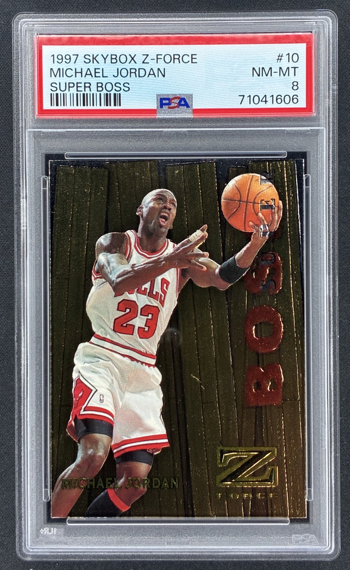 1997-98 SkyBox Z-Force Super Boss #10 Michael Jordan Chicago Bulls basketball insert card professionally graded PSA 8 Near Mint-Mint.