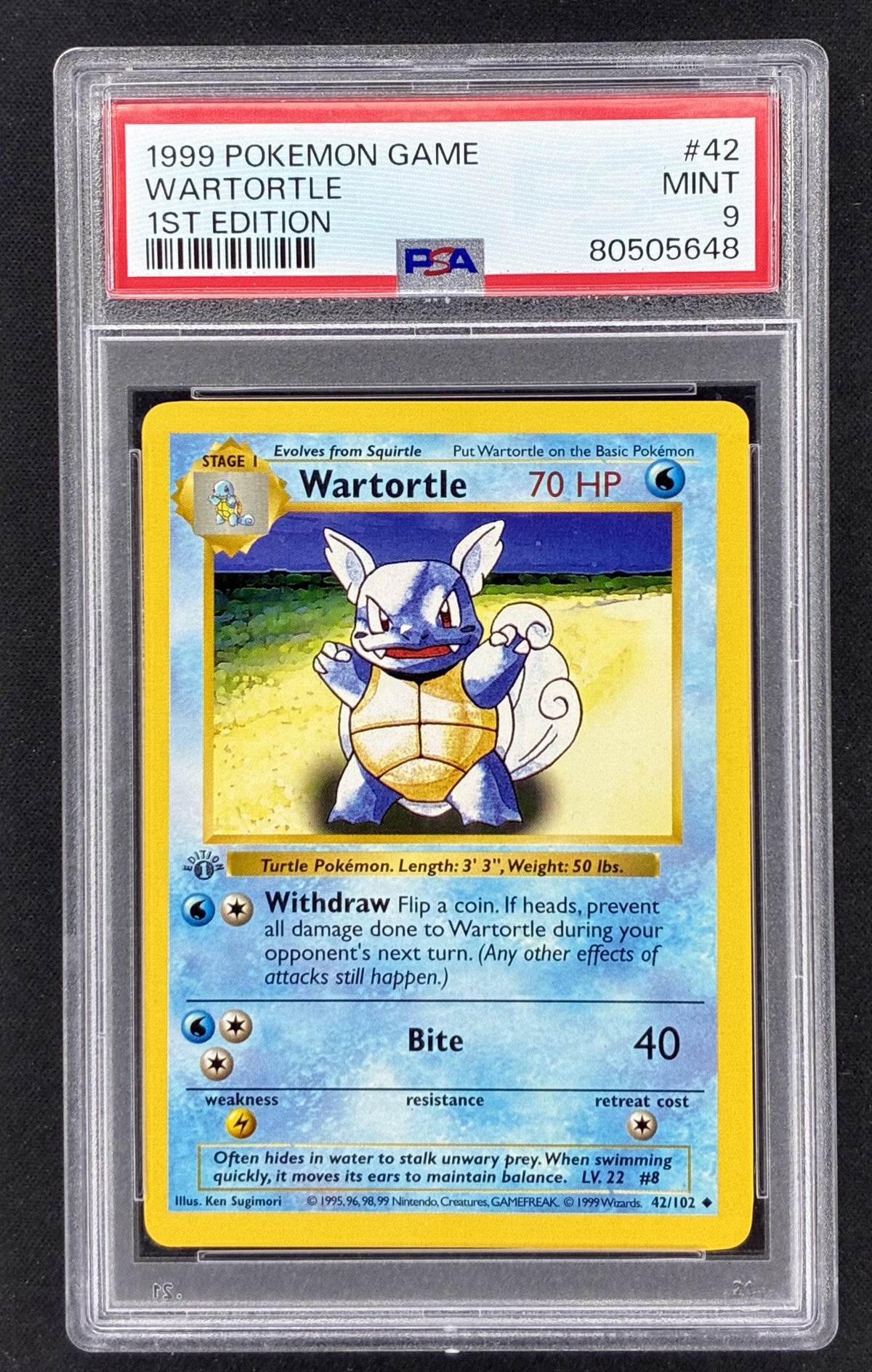 1999 Pokémon Base Set Wartortle 42/102 English 1st Edition Shadowless Grey Stamp card graded PSA 9 Mint.