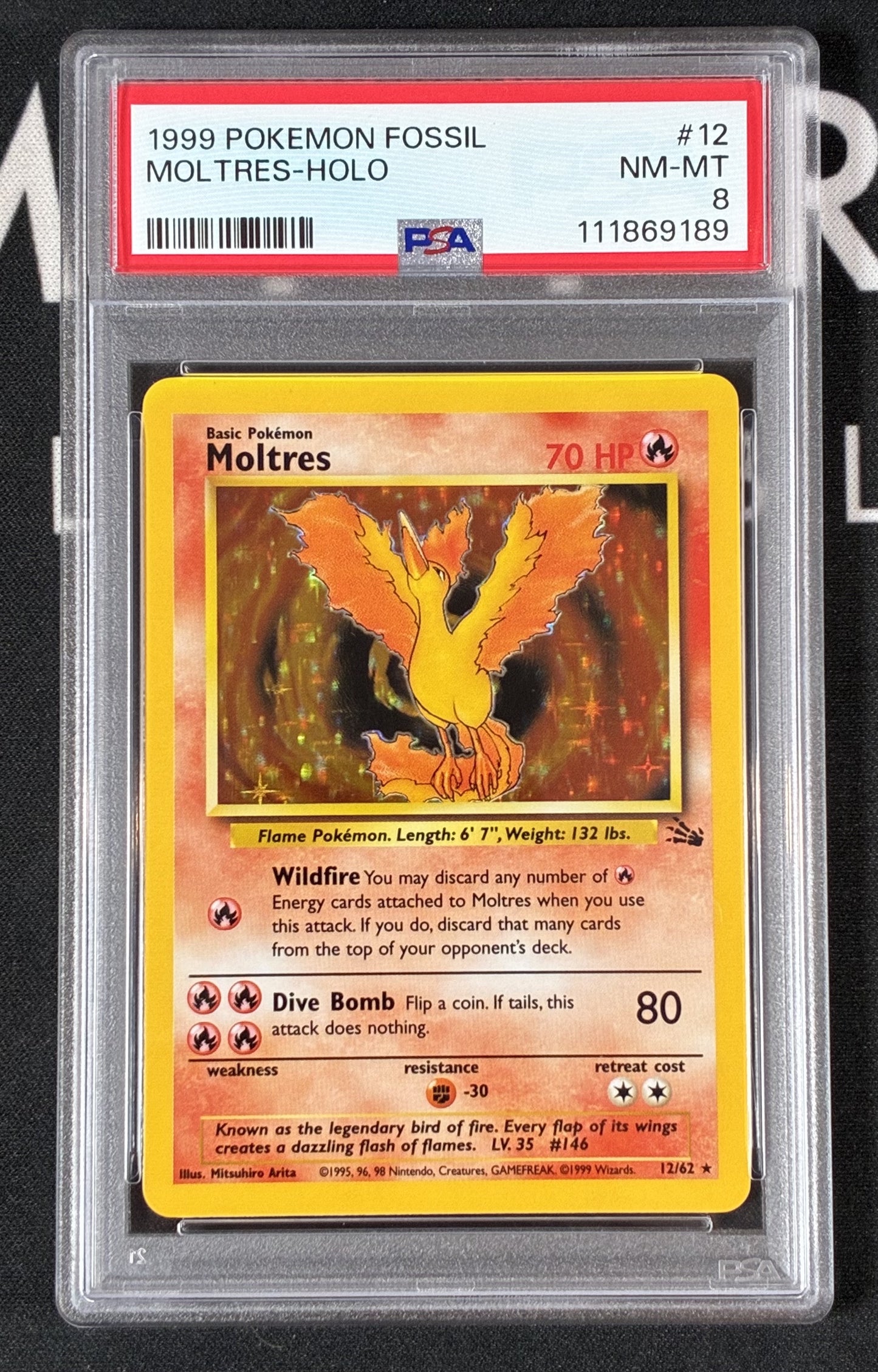 Moltres 12/62 Fossil Holo Rare Pokémon Card – PSA 8 Slab – 1999 WotC