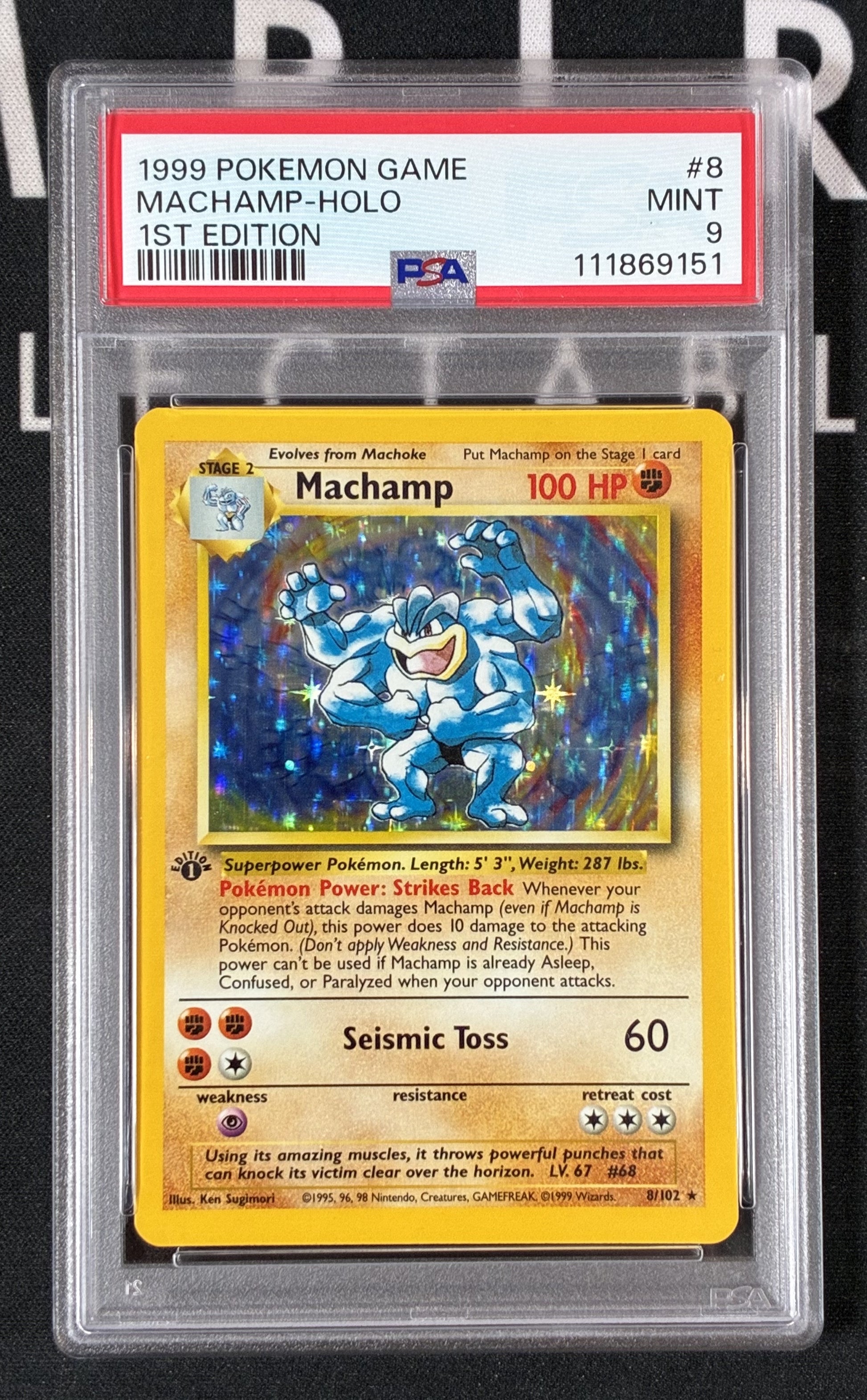 Machamp 1st Edition Base Set 8/102 Holo – PSA 9 Mint Pokémon Card Slab