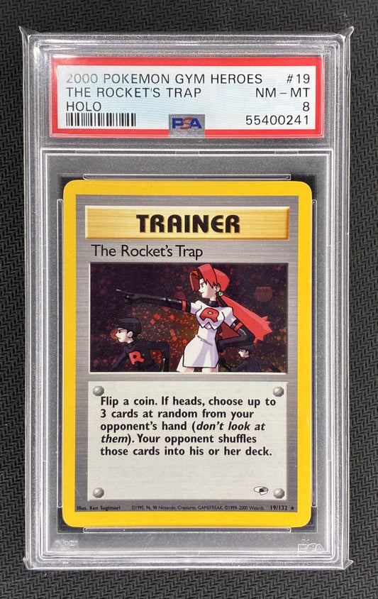 The Rocket’s Trap Holo – 19/132 – Pokémon Gym Heroes PSA 8 Slabbed Trainer Card