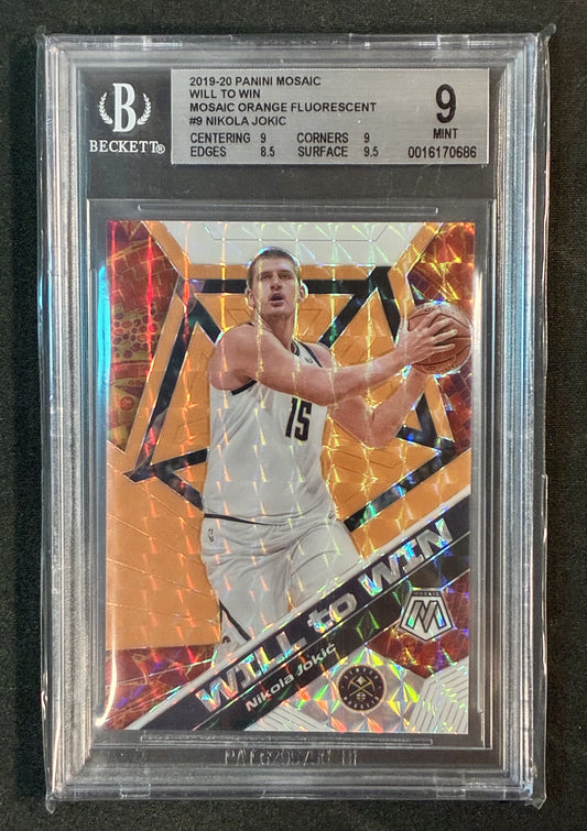 BGS 9 Nikola Jokić 2019-20 Panini Mosaic Will To Win Orange Fluorescent /25 Basketball Card