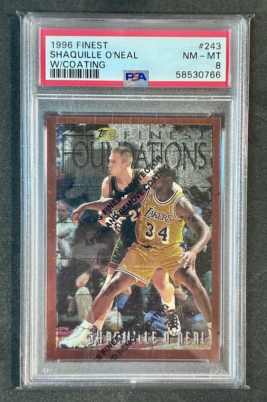 PSA 8 Shaquille O’Neal 1996 Topps Finest Refractor Basketball Card With Coating