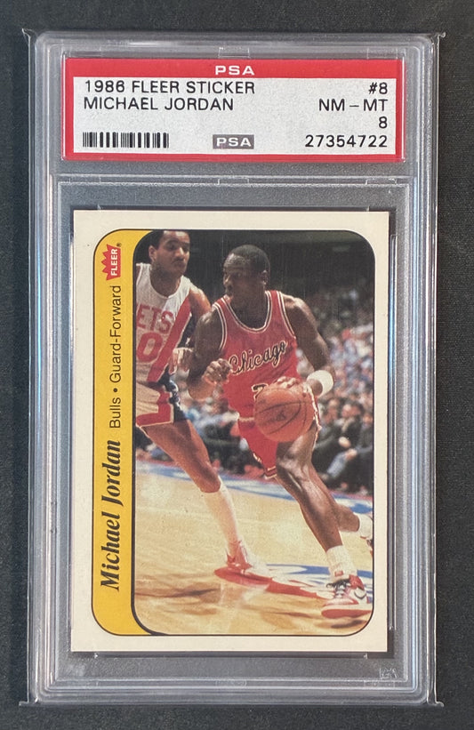 PSA 8 Michael Jordan 1986 Fleer Sticker Rookie Basketball Card