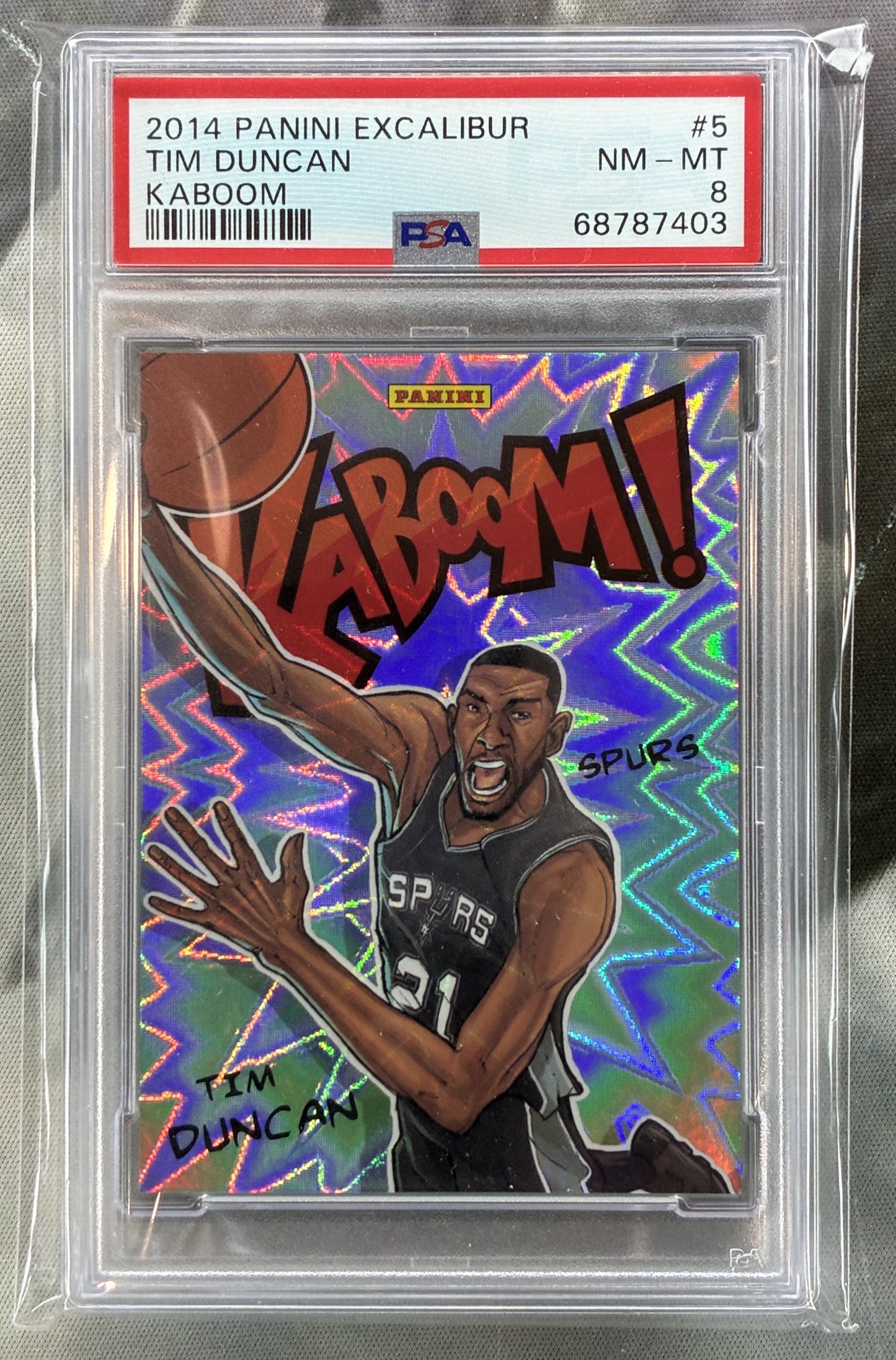 2014-15 Panini Excalibur Tim Duncan Kaboom SSP #5 PSA 8 – Spurs Insert Card