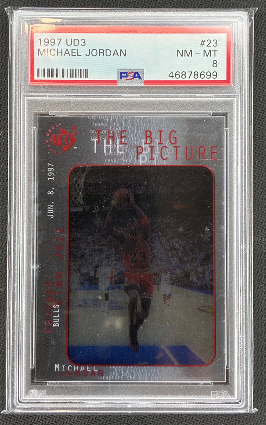 PSA 8 Michael Jordan 1997-98 Upper Deck UD3 The Big Picture Acetate Basketball Card