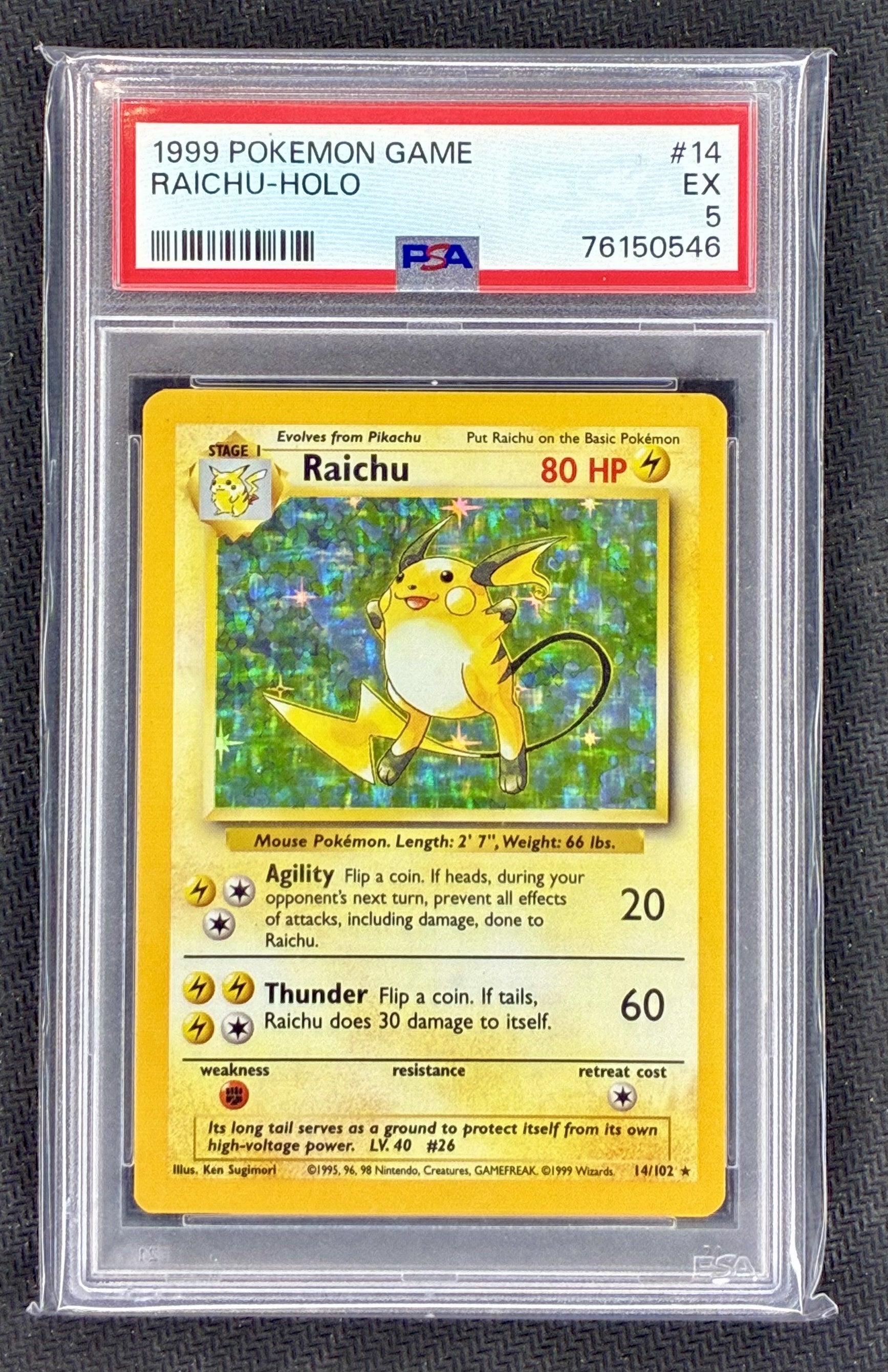 Shop PSA 5 Raichu 14/102 from the 1999 Base Set. Iconic WOTC-era holographic Pokémon card graded Excellent by PSA.