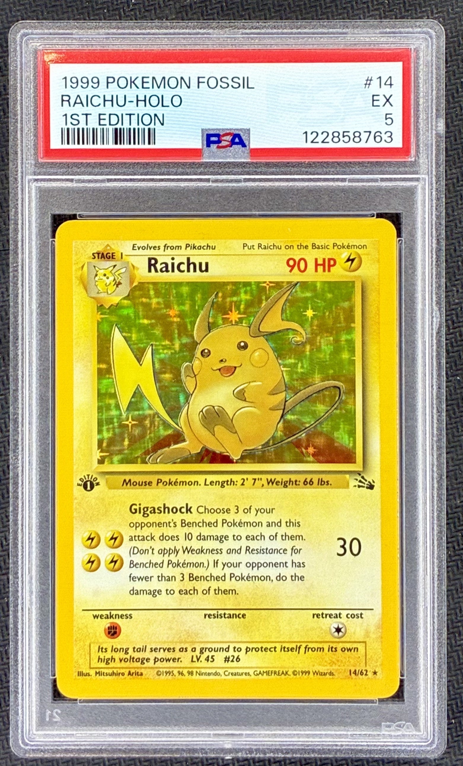 PSA 5 Raichu 1999 Pokémon Fossil 1st Edition Holo #14/62 Vintage Pokémon Card