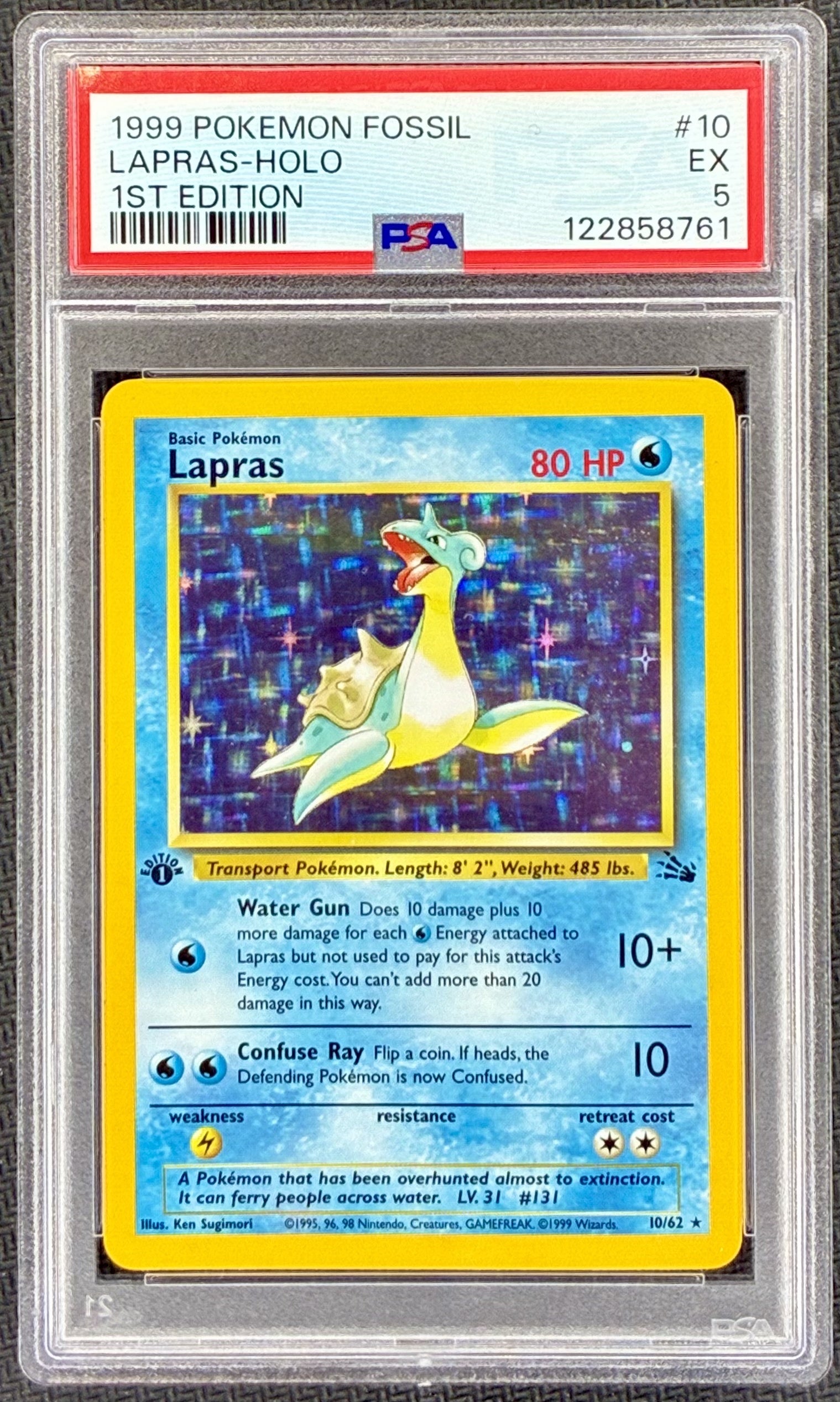 PSA 5 Lapras 1999 Pokémon Fossil 1st Edition Holo #10/62 Vintage Pokémon Card