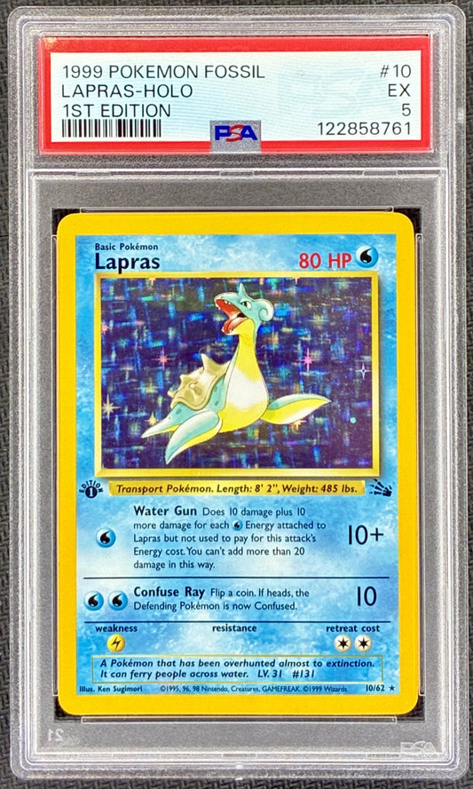 PSA 5 Lapras 1999 Pokémon Fossil 1st Edition Holo #10/62 Vintage Pokémon Card