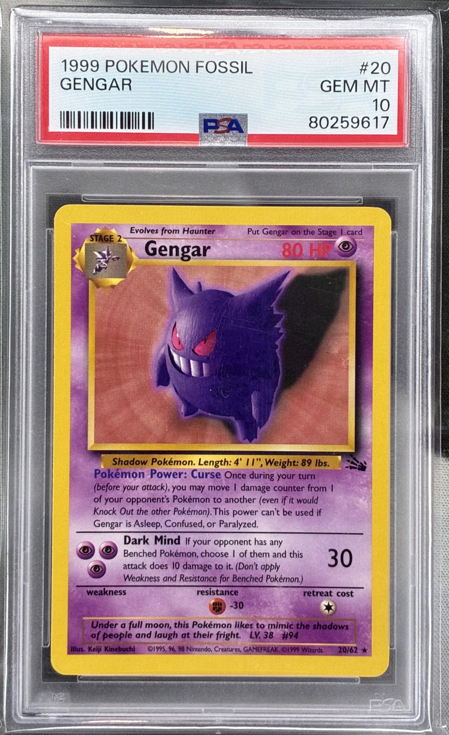 Pokémon Gengar 20/62 Fossil Holo PSA 10 Vintage Card