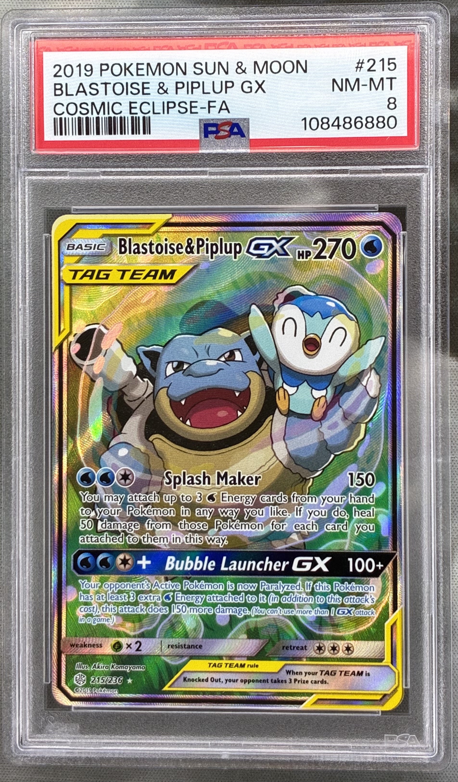 Pokémon Blastoise & Piplup GX 215/236 Cosmic Eclipse Alternate Art PSA 8 Card