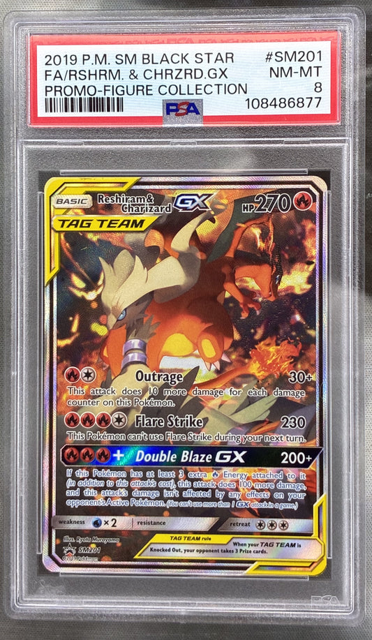 Pokémon Reshiram & Charizard GX Full Art SM201 Black Star Promo PSA 8 Card