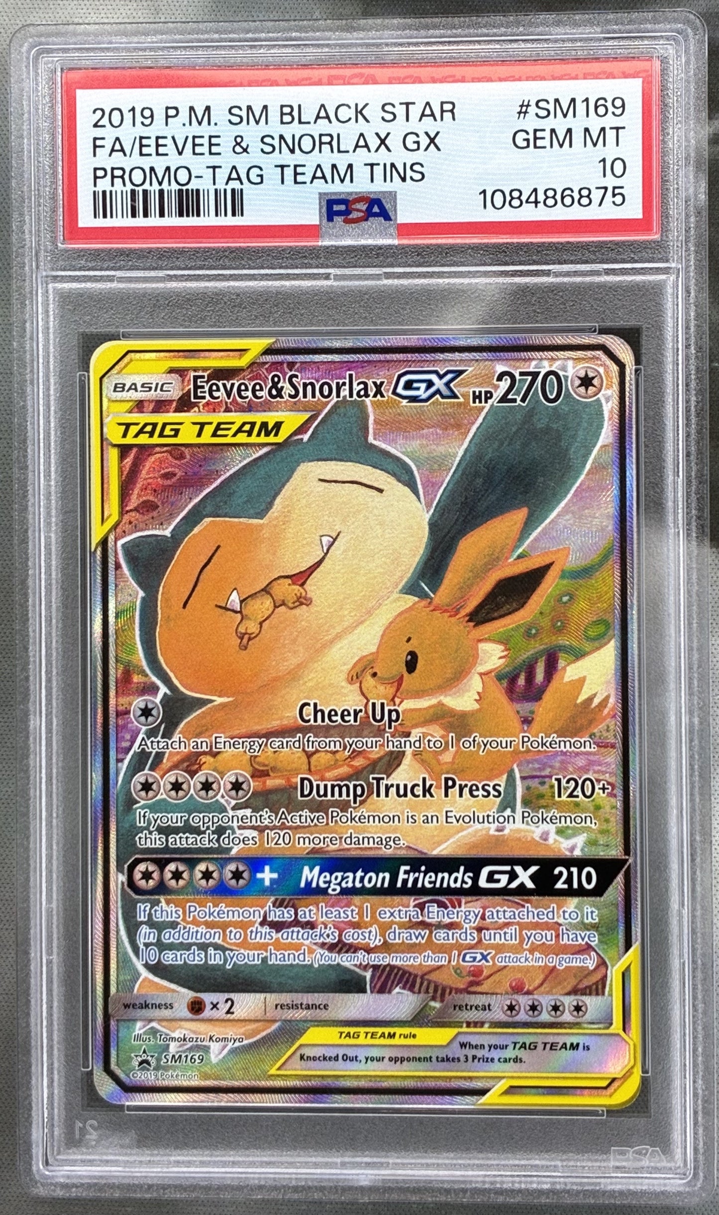 Pokémon Eevee & Snorlax GX Full Art – SM169 – Tag Team Tin Promo (PSA 10)