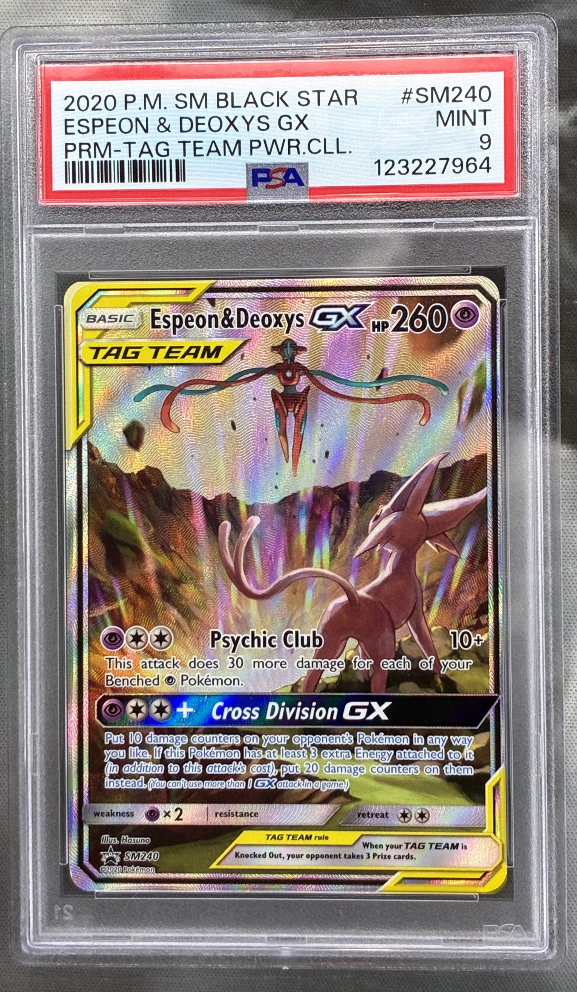 Pokémon Espeon & Deoxys GX Full Art SM240 Tag Team Promo PSA 9 Card