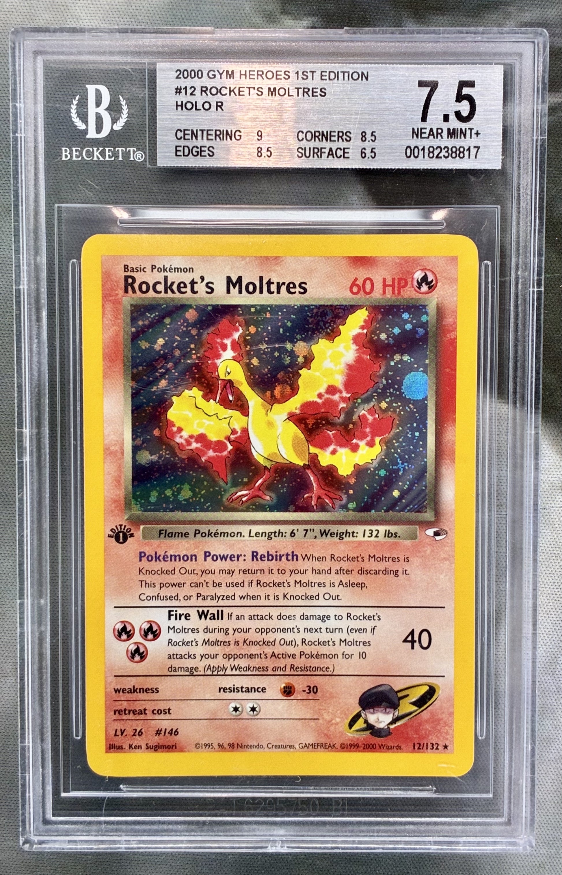 Pokémon Rocket’s Moltres 12/132 Gym Heroes 1st Edition Holo Card BGS 7.5 Graded Condition