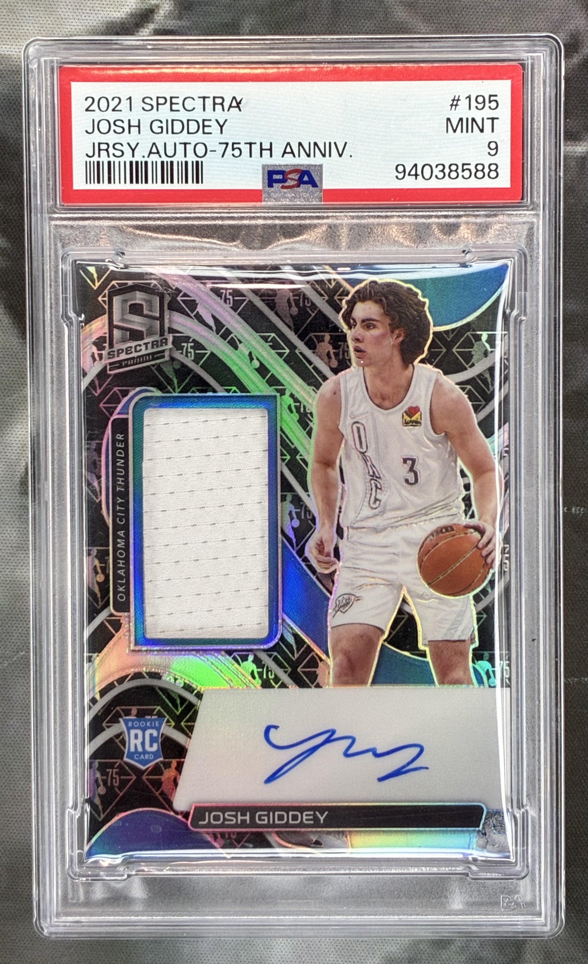 2021 Panini Spectra Josh Giddey #195 75th Anniversary Patch Auto RC /75 PSA 9 Card
