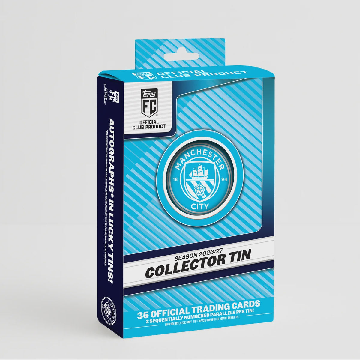 2026 27 Topps Premier League Manchester City Collector Tin with 35 trading cards and guaranteed numbered parallels.