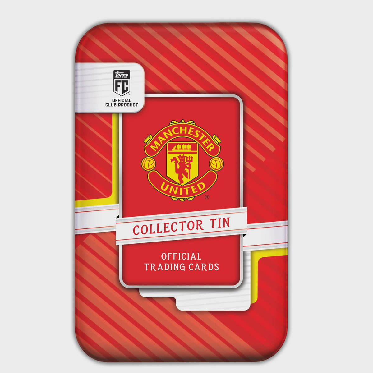 2026 27 Topps Premier League Manchester United Collector Tin with 35 trading cards and guaranteed numbered parallels.