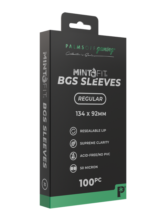 Pack of 100 Palms Off 50-micron BGS slab sleeves designed to protect Beckett graded trading cards from scratches, dust and everyday handling.