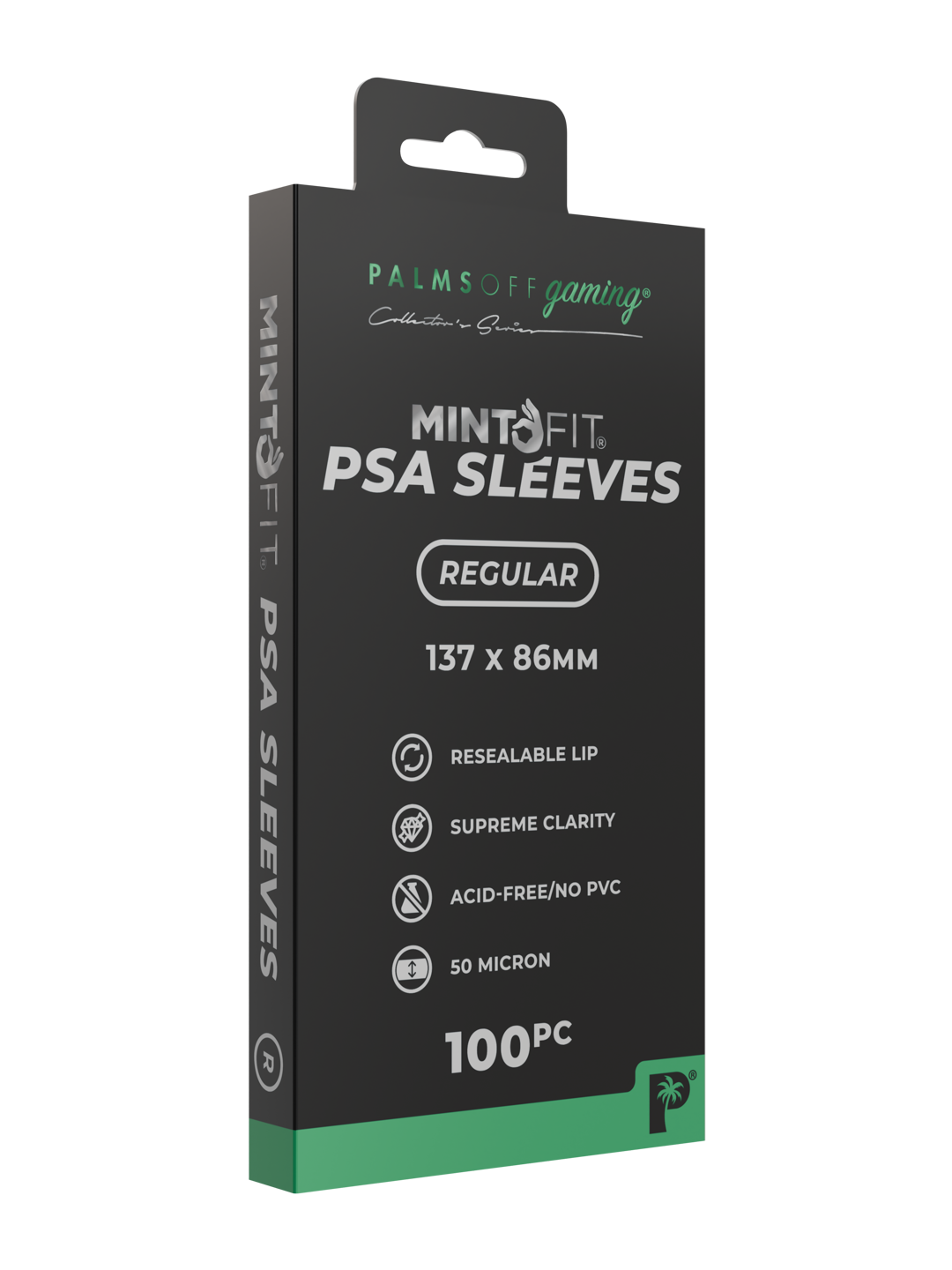 Pack of 100 Palms Off 50-micron PSA slab sleeves designed to protect PSA graded trading cards from scratches, dust and everyday handling.