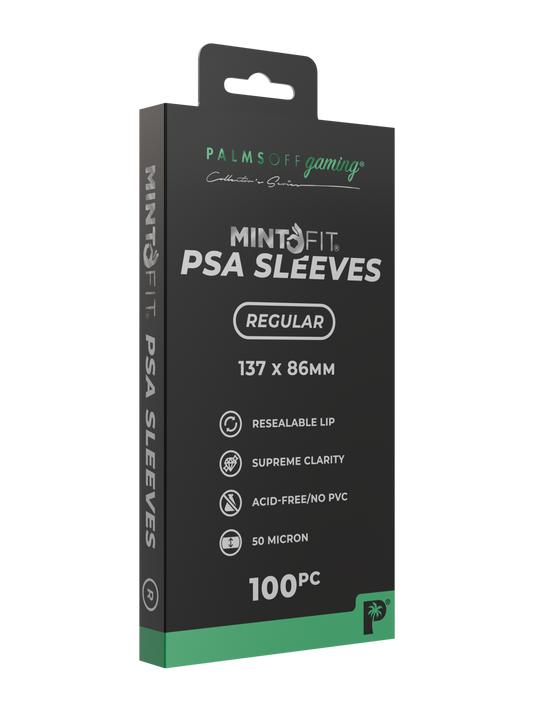 Pack of 100 Palms Off 50-micron PSA slab sleeves designed to protect PSA graded trading cards from scratches, dust and everyday handling.