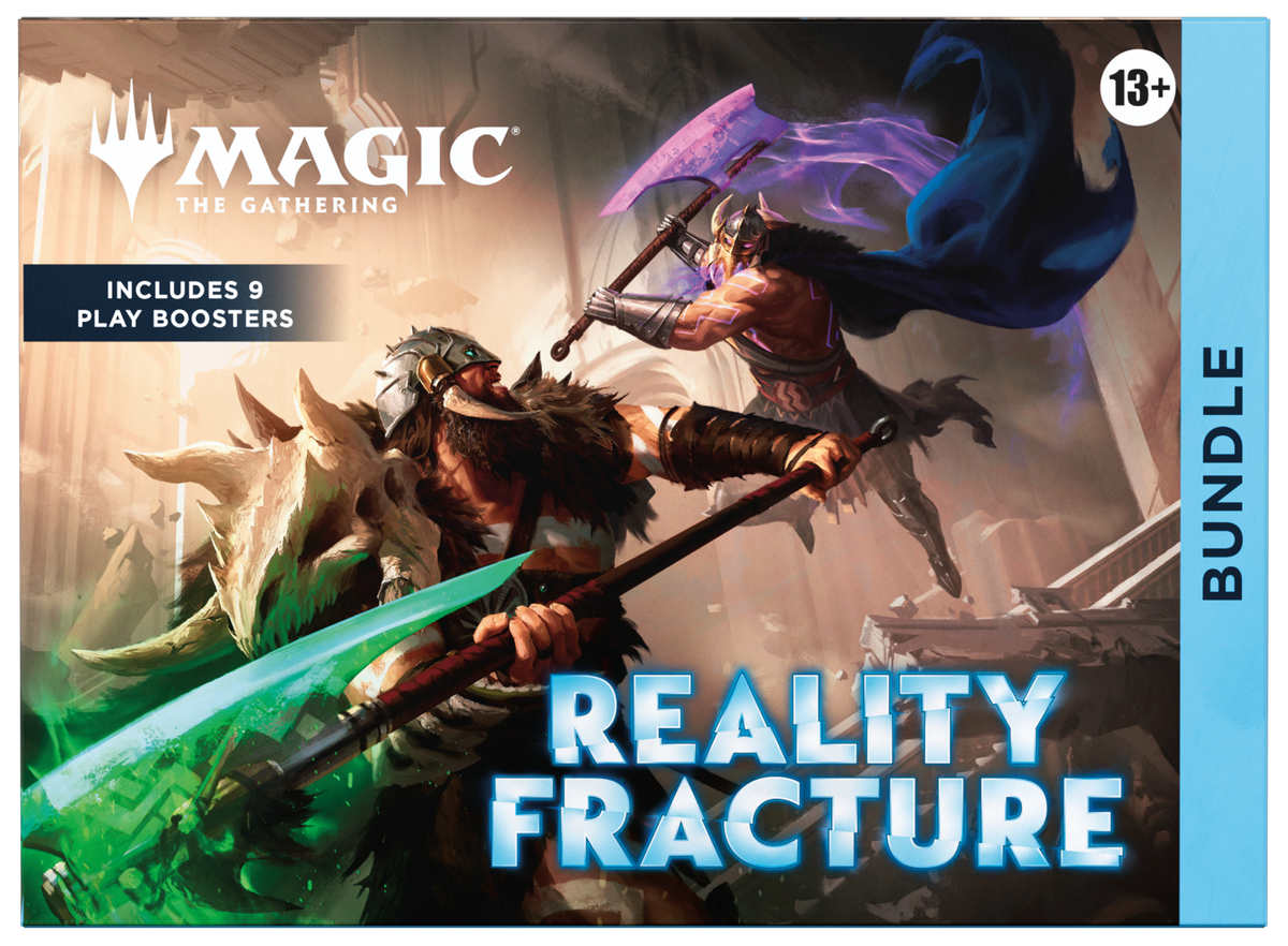 Magic: The Gathering Reality Fracture Bundle with 9 Play Boosters, foil promo card, 30 basic lands, oversized Spindown life counter and card-storage box.