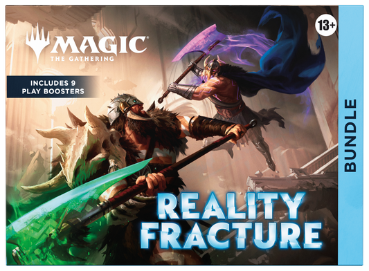 Magic: The Gathering Reality Fracture Bundle with 9 Play Boosters, foil promo card, 30 basic lands, oversized Spindown life counter and card-storage box.