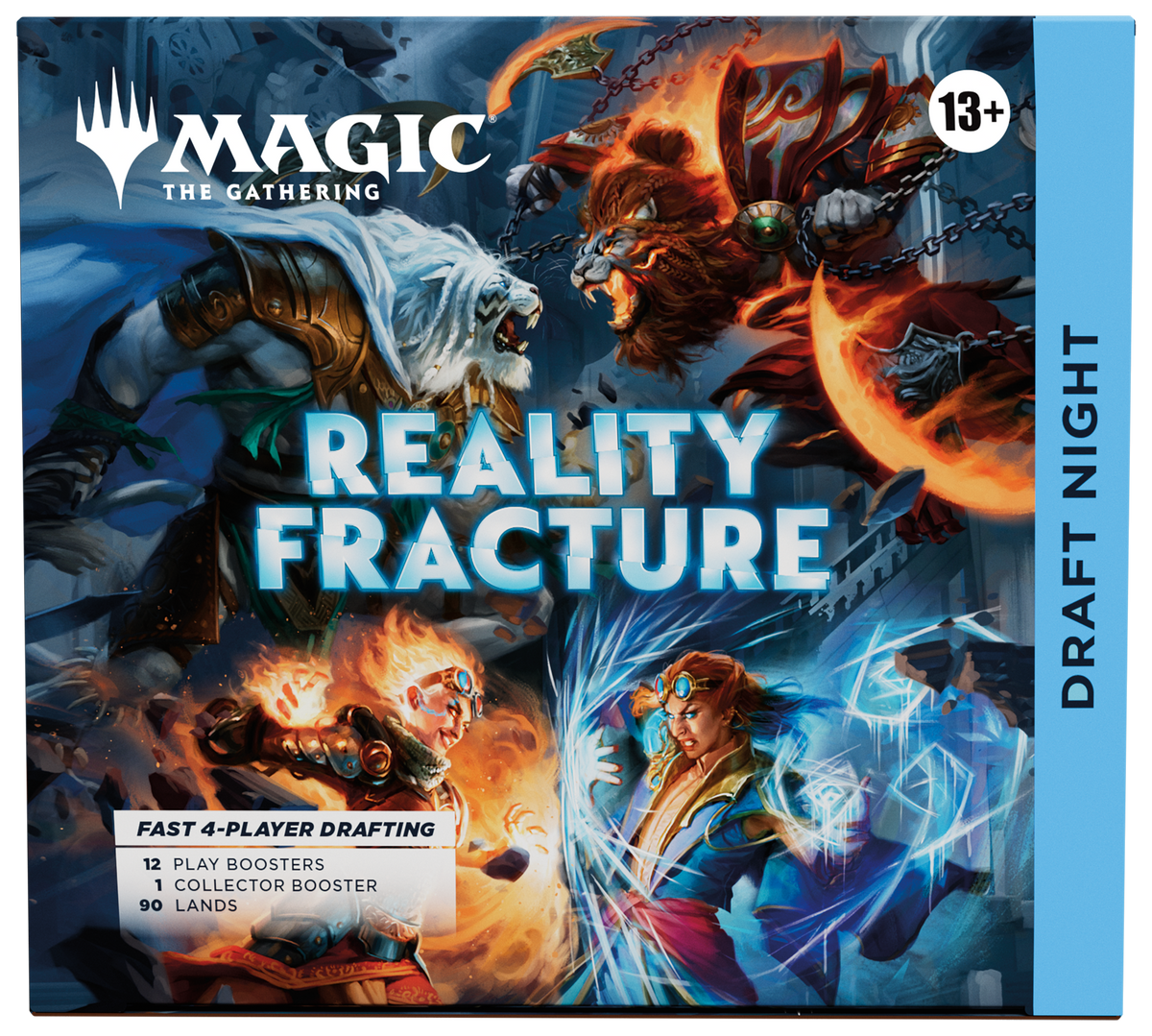 Magic: The Gathering Reality Fracture Draft Night four-player Pick-Two Draft kit with 12 Play Boosters, 1 Collector Booster, 90 Basic Lands and double-sided tokens.