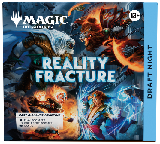 Magic: The Gathering Reality Fracture Draft Night four-player Pick-Two Draft kit with 12 Play Boosters, 1 Collector Booster, 90 Basic Lands and double-sided tokens.