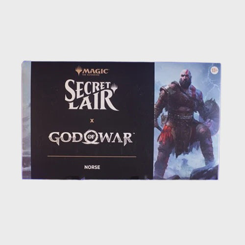 Product packaging for 'Secret Lair x God of War' featuring a warrior character on a white background.