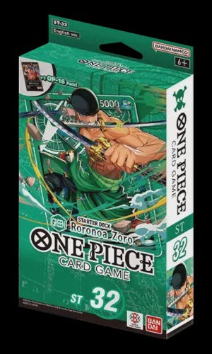 One Piece Card Game ST-32 Starter Deck Display Green Roronoa Zoro containing six sealed starter decks